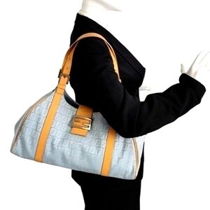 Authentic FENDI FF Monogram Blue Zucchino Canvas Tan Leather Shoulderbag Rare